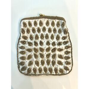 Creme Satin with Gold & Pearl Beaded Leaves Hand Bag Purse Clutch TRUE VINTAGE